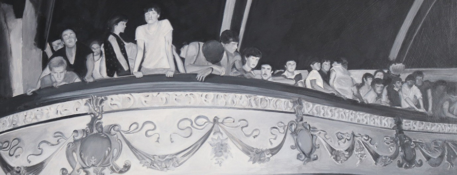 Peter Lewis Artwork showing a group of people looking at a balcony